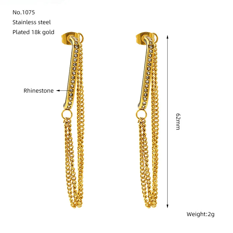 1 Pair Elegant Streetwear Lines Chain Inlay 304 Stainless Steel Rhinestones 18K Gold Plated Drop Earrings