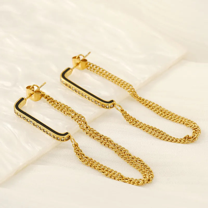 1 Pair Elegant Streetwear Lines Chain Inlay 304 Stainless Steel Rhinestones 18K Gold Plated Drop Earrings