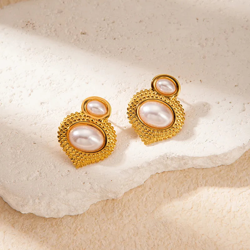 1 Pair Elegant Streetwear Oval Plating Inlay 304 Stainless Steel Artificial Pearls 14K Gold Plated Ear Studs