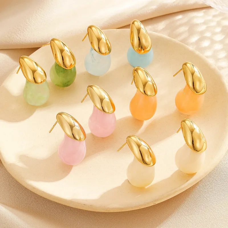 1 Pair Elegant Streetwear Water Droplets Inlay 304 Stainless Steel Resin 18K Gold Plated Ear Studs