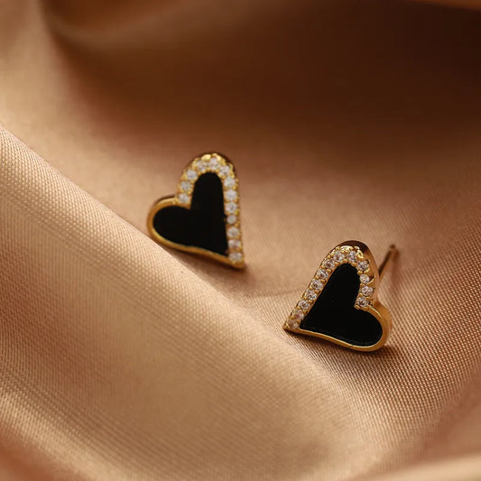 1 Pair Elegant Sweet Heart Shape Stoving Varnish Hollow Out Inlay Copper Resin Zircon 14K Gold Plated Ear Studs