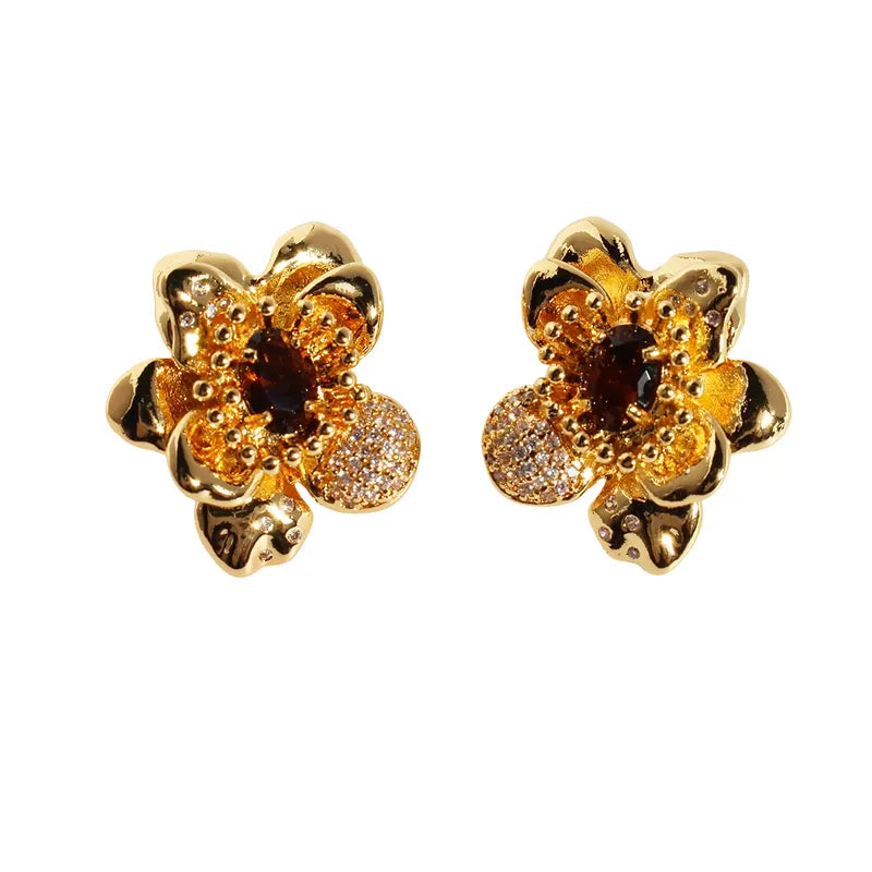 1 Pair Elegant Tropical Sweet Flower Inlay Brass Zircon 24K Gold Plated Ear Studs