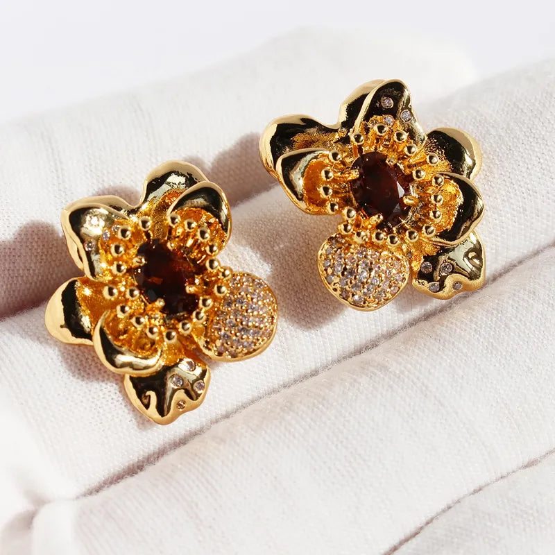 1 Pair Elegant Tropical Sweet Flower Inlay Brass Zircon 24K Gold Plated Ear Studs