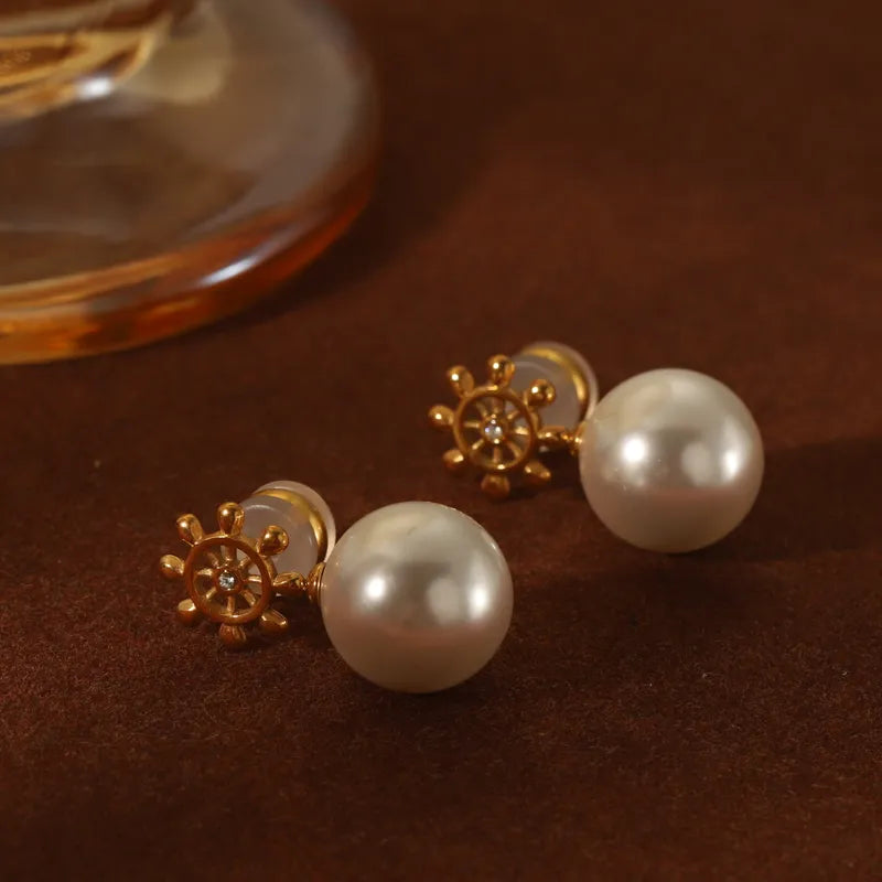 1 Pair Elegant Vintage Style French Style Rudder Inlay 316 Stainless Steel Artificial Pearls Artificial Diamond Ear Studs