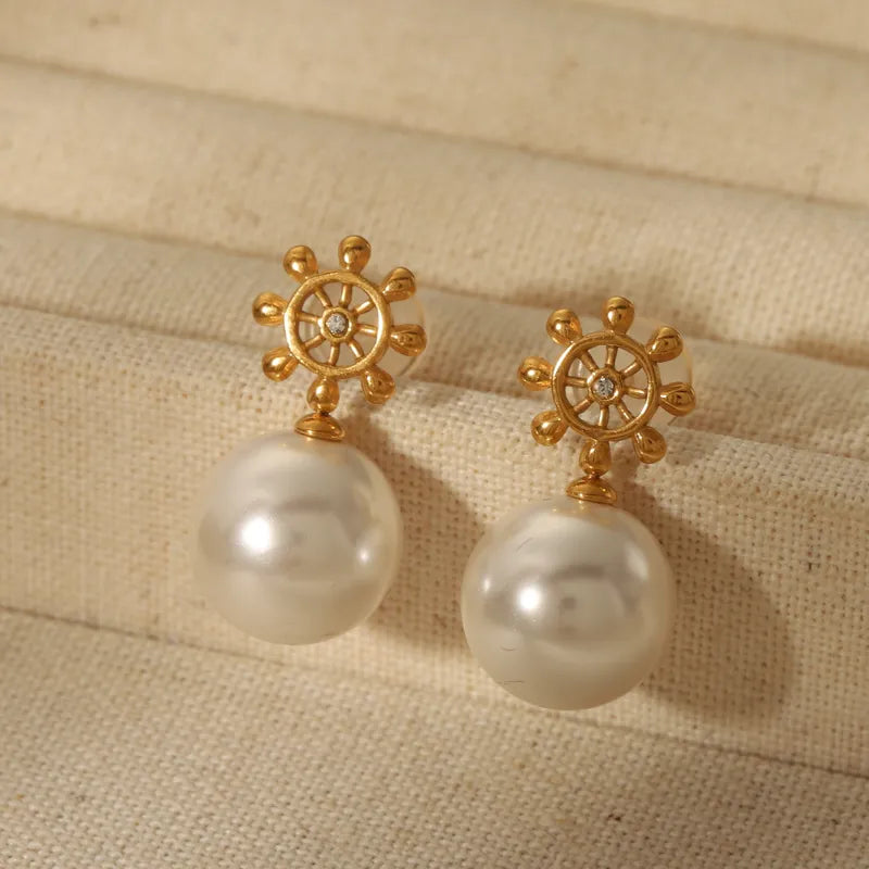 1 Pair Elegant Vintage Style French Style Rudder Inlay 316 Stainless Steel Artificial Pearls Artificial Diamond Ear Studs