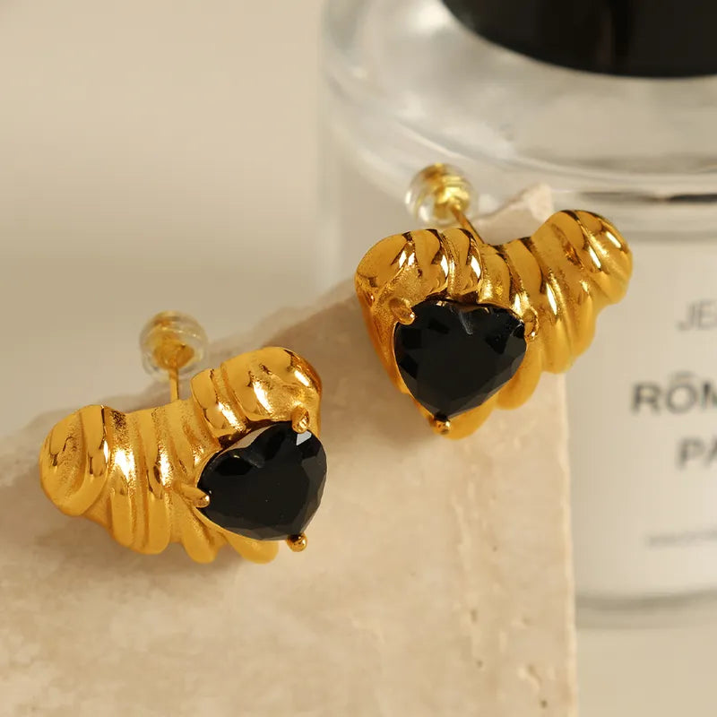 1 Pair Elegant Vintage Style Heart Shape Polishing Inlay 304 Stainless Steel Zircon 18K Gold Plated Ear Studs