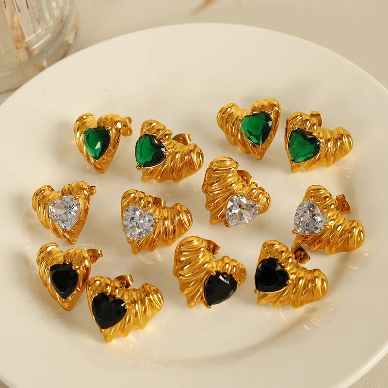 1 Pair Elegant Vintage Style Heart Shape Polishing Inlay 304 Stainless Steel Zircon 18K Gold Plated Ear Studs