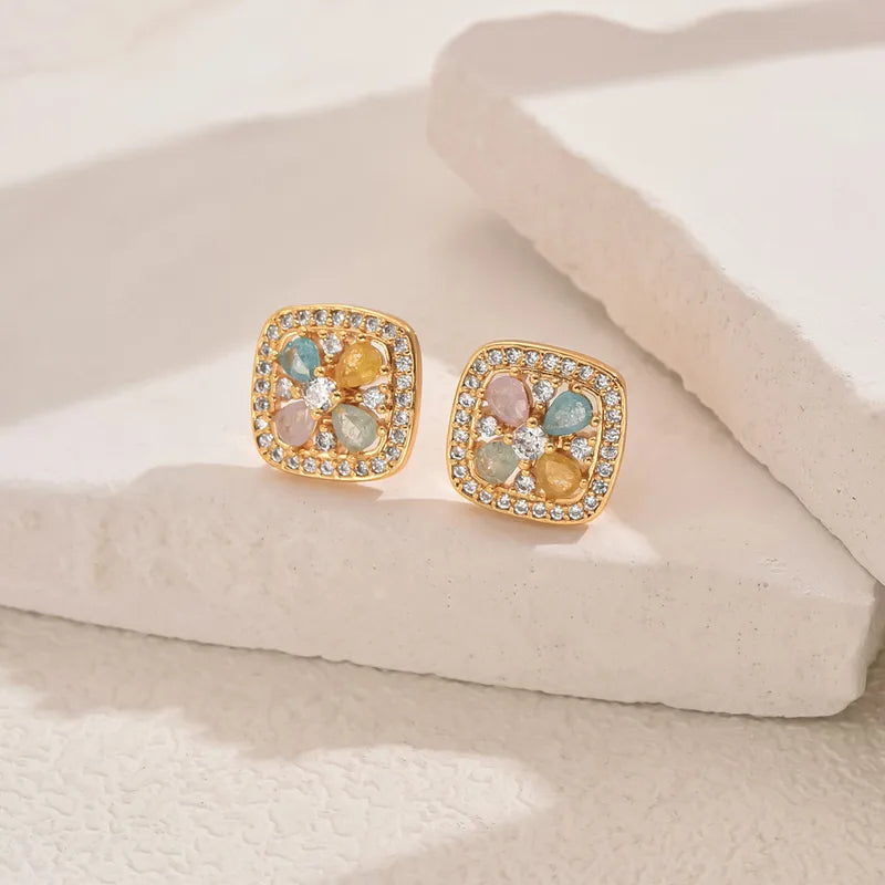 1 Pair Elegant Vintage Style Square Copper Zircon Ear Studs