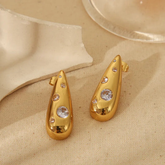 1 Pair French Style Commute Water Droplets Inlay 304 Stainless Steel Zircon 18K Gold Plated Ear Studs