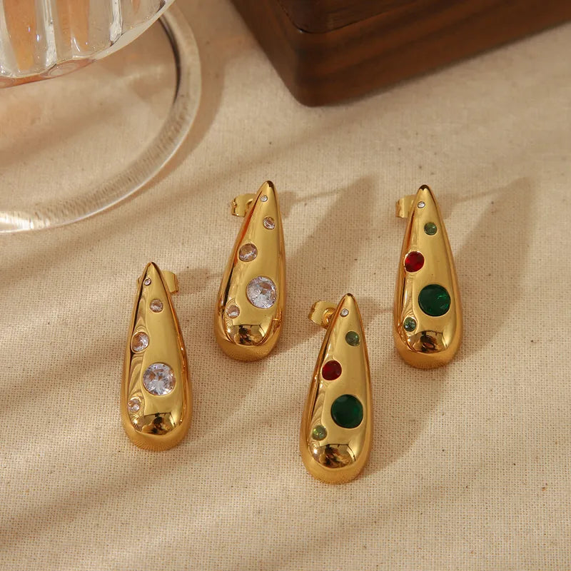 1 Pair French Style Commute Water Droplets Inlay 304 Stainless Steel Zircon 18K Gold Plated Ear Studs