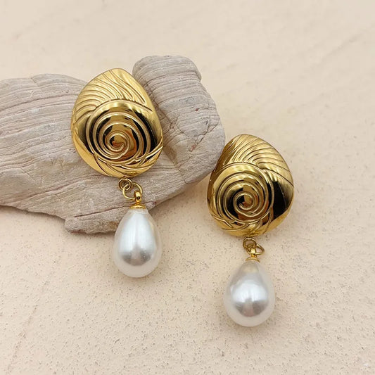 1 Pair French Style Conch 304 Stainless Steel Artificial Pearls 18K Gold Plated Drop Earrings