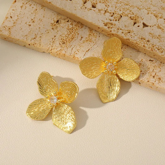 1 Pair French Style Leaf Flower Plating Inlay Copper Zircon 18K Gold Plated Ear Studs