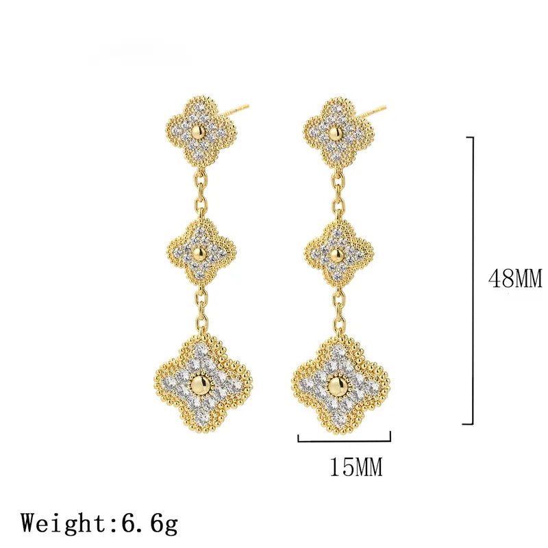 1 Pair French Style Romantic Four Leaf Clover Plating Copper Zircon 14K Gold Plated Ear Studs