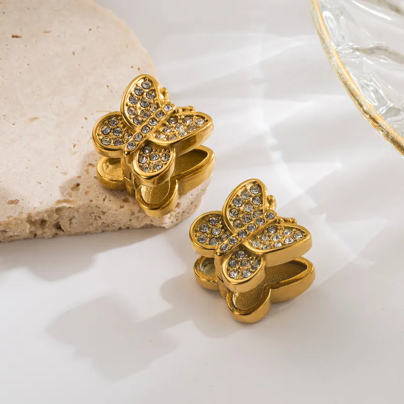 1 Pair French Style Sweet Commute Butterfly Inlay 304 Stainless Steel Zircon 18K Gold Plated Earrings