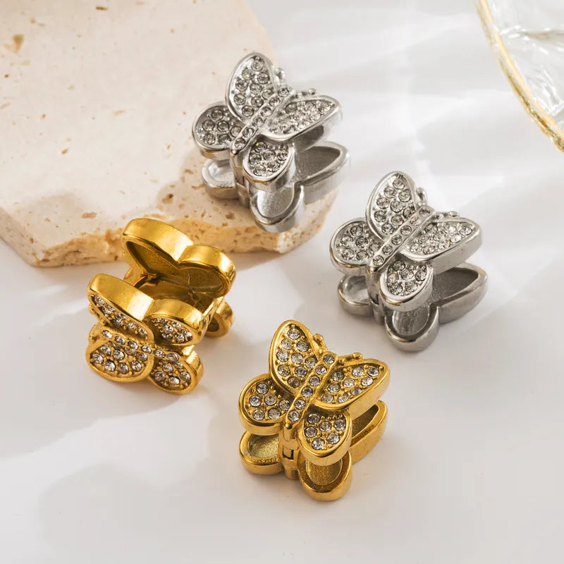 1 Pair French Style Sweet Commute Butterfly Inlay 304 Stainless Steel Zircon 18K Gold Plated Earrings