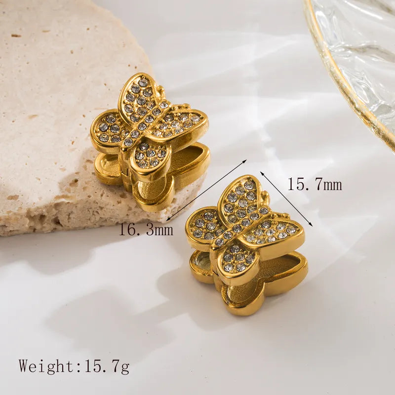 1 Pair French Style Sweet Commute Butterfly Inlay 304 Stainless Steel Zircon 18K Gold Plated Earrings