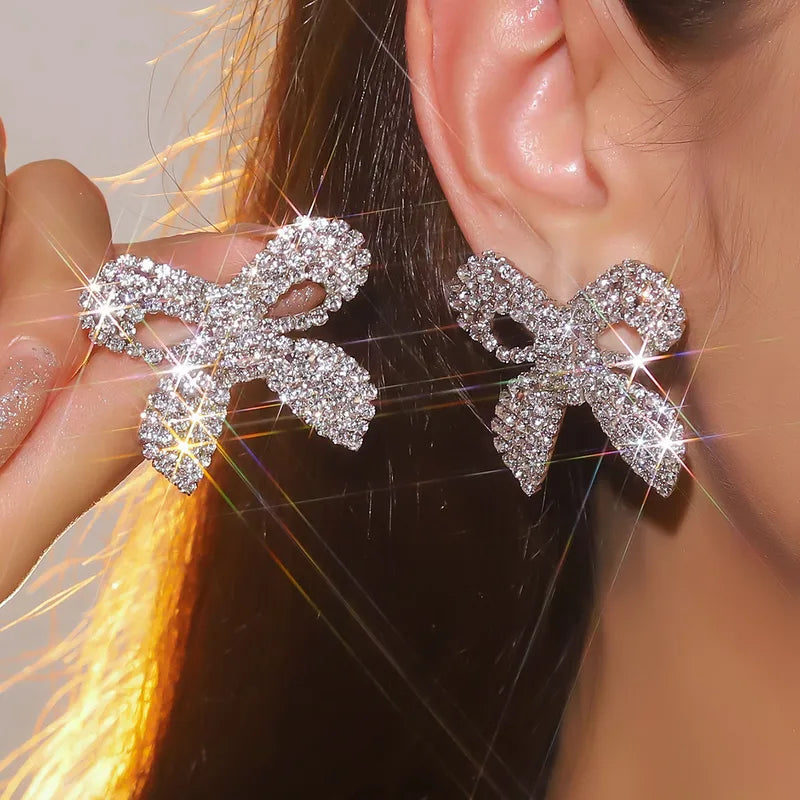 1 Pair Glam Hip-Hop Lady Bow Knot Rhinestone Copper Ear Studs