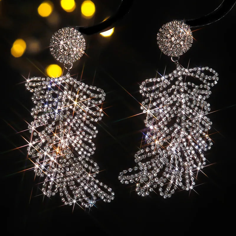 1 Pair Glam Lady Wedding Leaves Inlay Copper Artificial Rhinestones Drop Earrings