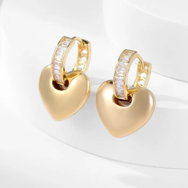 1 Pair Glam Shiny Heart Shape Copper Zircon K Gold Plated Drop Earrings