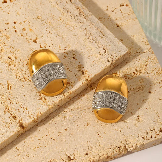 1 Pair Glam Shiny Oval Inlay 304 Stainless Steel Zircon 18K Gold Plated Ear Studs