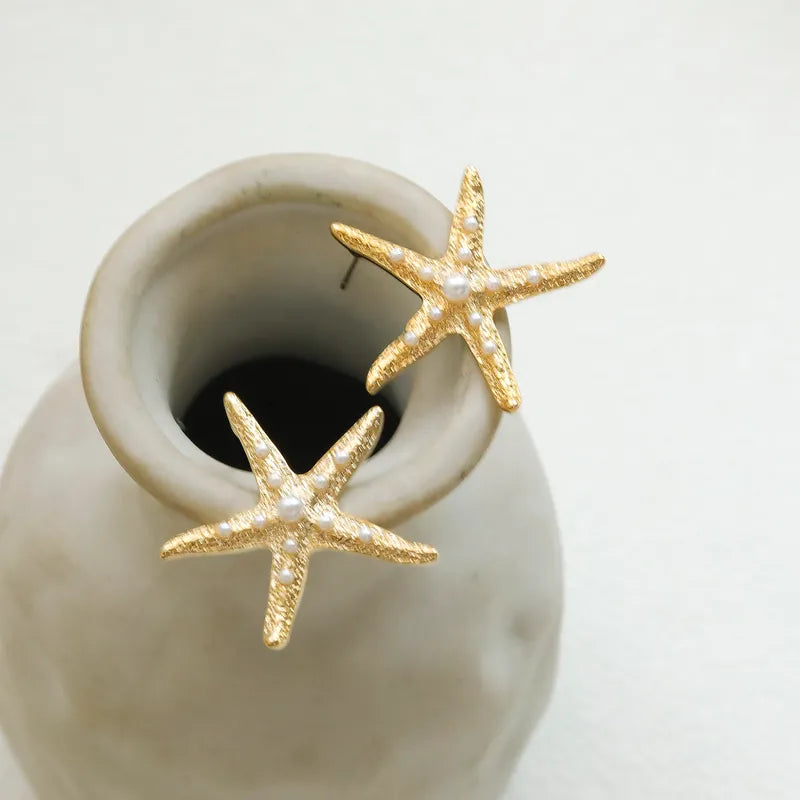 1 Pair Hawaiian Vacation Beach Starfish Plating Inlay Copper Imitation Pearl Copper 14K Gold Plated Ear Studs