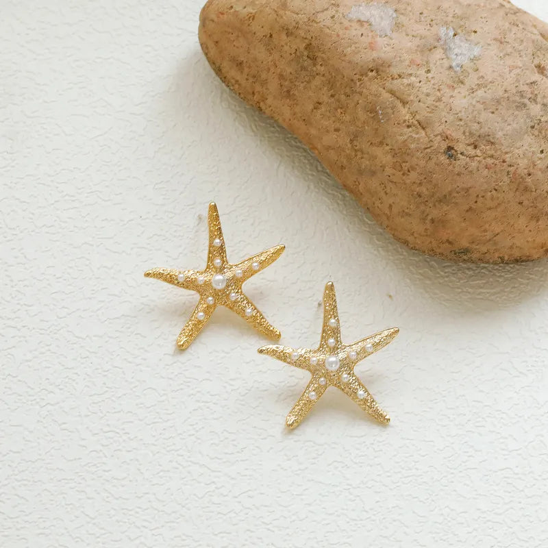 1 Pair Hawaiian Vacation Beach Starfish Plating Inlay Copper Imitation Pearl Copper 14K Gold Plated Ear Studs