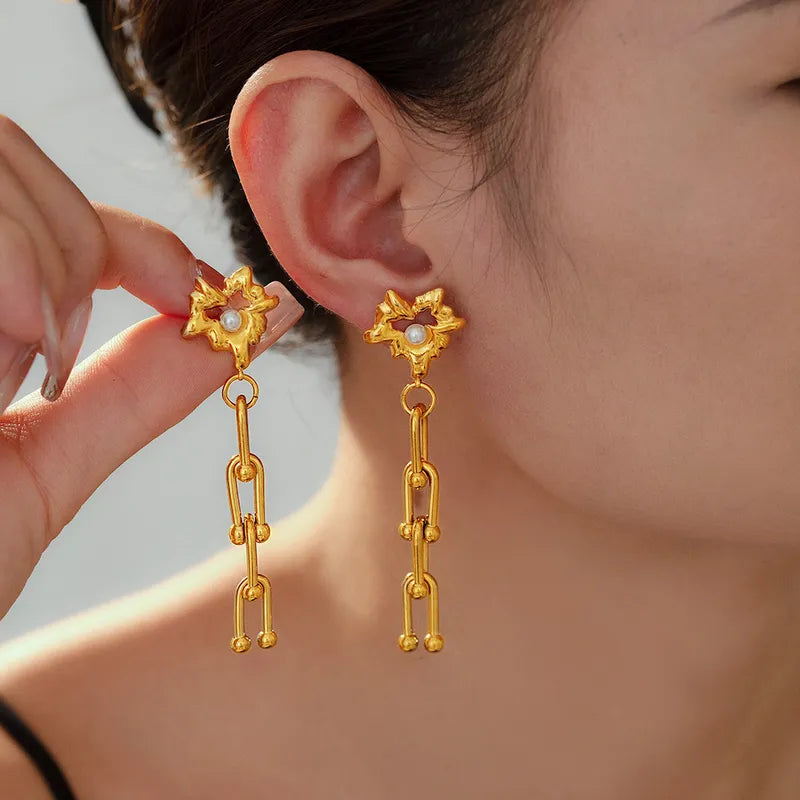 1 Pair Hip-Hop IG Style Geometric Inlay 304 Stainless Steel Artificial Pearls 18K Gold Plated Drop Earrings