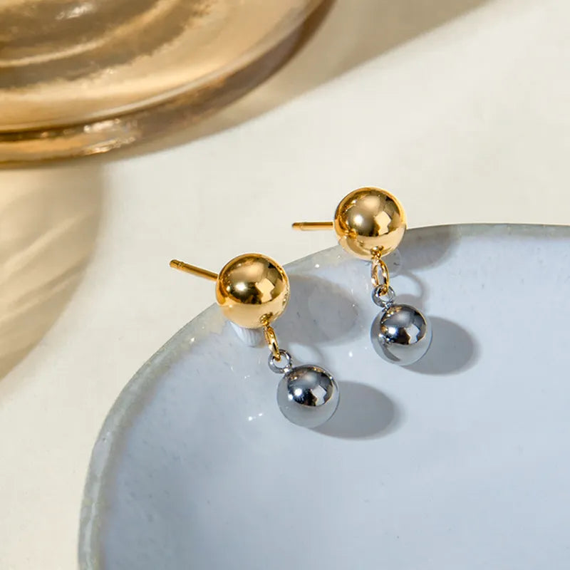 1 Pair IG Style Ball Solid Color Plating 304 Stainless Steel 18K Gold Plated Drop Earrings