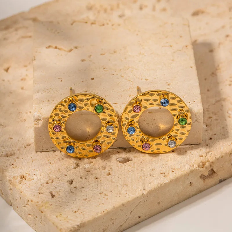 1 Pair IG Style Basic Classic Style Round Inlay 304 Stainless Steel Colorful 18K Gold Plated Ear Studs