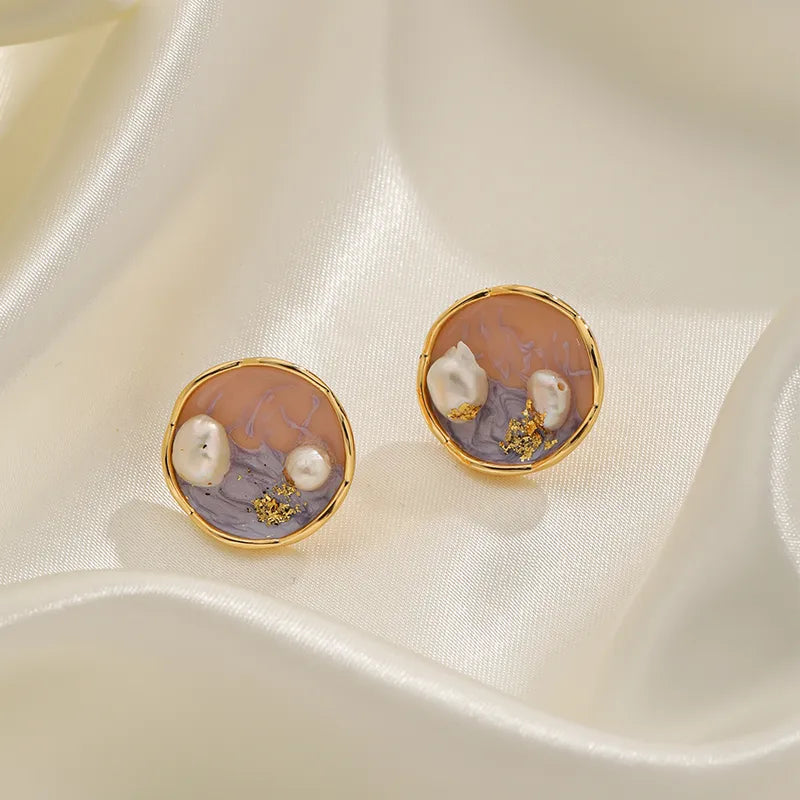 1 Pair IG Style Beach Round Enamel Inlay Copper Freshwater Pearl 18K Gold Plated Silver Plated Ear Studs