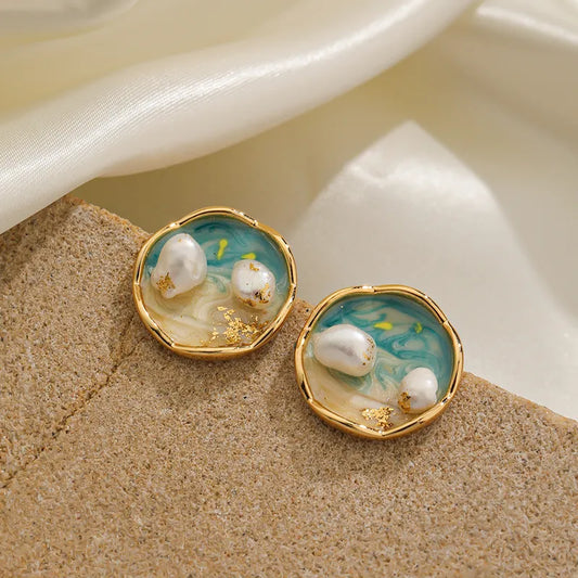 1 Pair IG Style Beach Round Enamel Inlay Copper Freshwater Pearl 18K Gold Plated Silver Plated Ear Studs