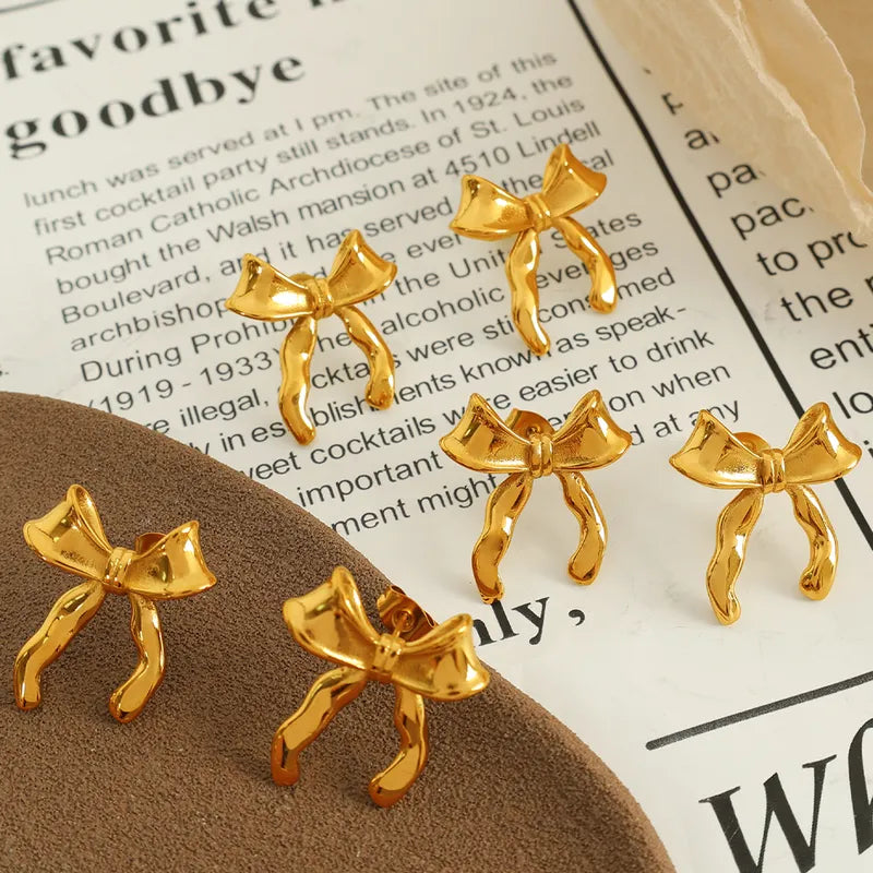 1 Pair IG Style Elegant French Style Bow Knot Polishing Plating 304 Stainless Steel 18K Gold Plated Ear Studs