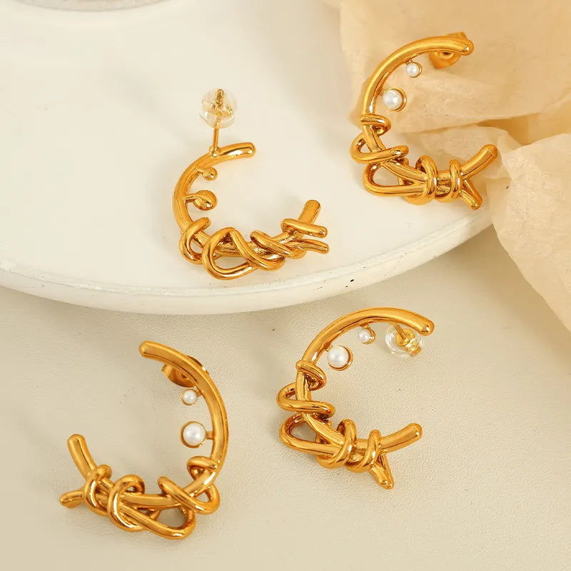 1 Pair IG Style Elegant French Style C Shape Bow Knot Polishing Plating Inlay 304 Stainless Steel Imitation Pearl 18K Gold Plated Ear Studs