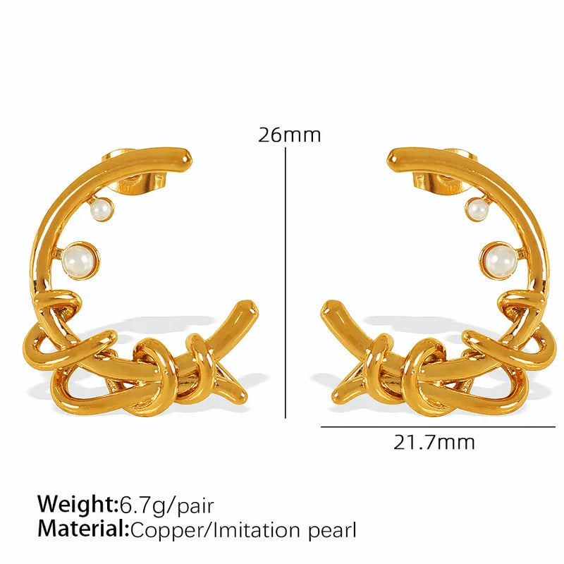 1 Pair IG Style Elegant French Style C Shape Bow Knot Polishing Plating Inlay 304 Stainless Steel Imitation Pearl 18K Gold Plated Ear Studs