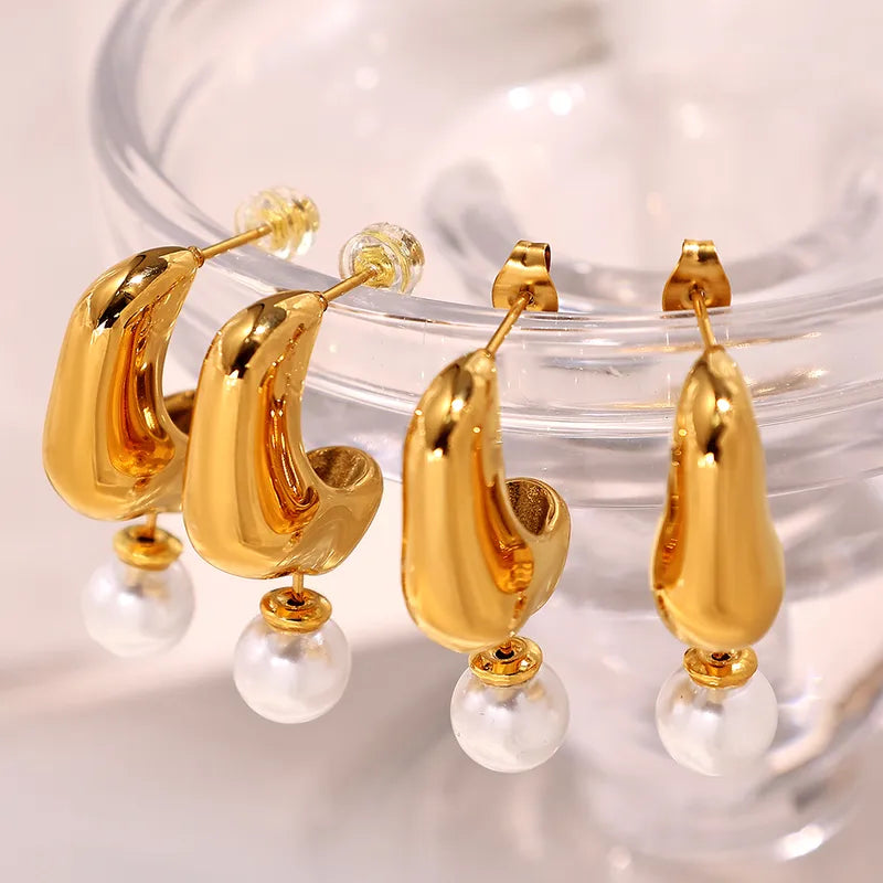 1 Pair IG Style Elegant French Style Irregular Polishing 304 Stainless Steel Artificial Pearls 18K Gold Plated Drop Earrings