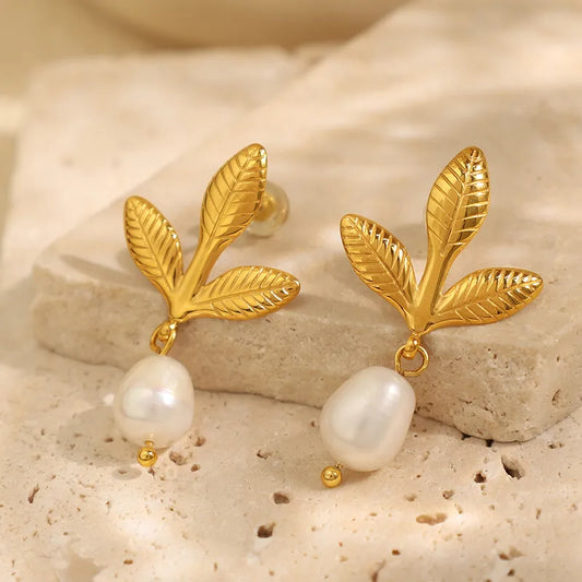 1 Pair IG Style Elegant French Style Leaves Polishing Pearl 304 Stainless Steel 18K Gold Plated Drop Earrings