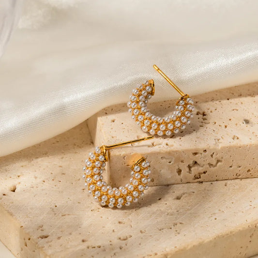 1 Pair IG Style Elegant Lady C Shape Inlay 316 Stainless Steel Artificial Pearls 18K Gold Plated Earrings