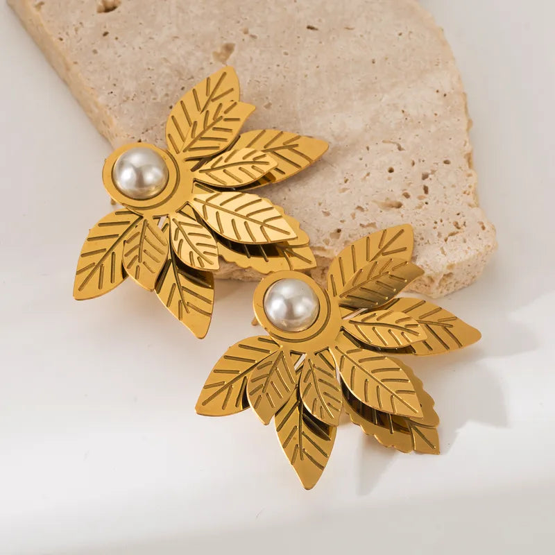 1 Pair IG Style Elegant Leaf Leaves Solid Color Inlay 304 Stainless Steel Artificial Pearls 18K Gold Plated Drop Earrings