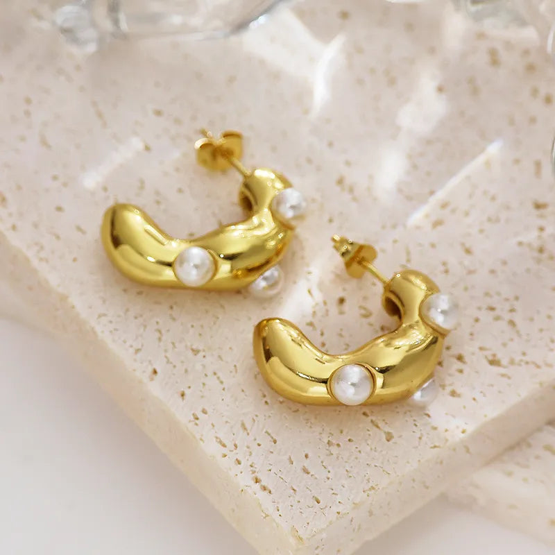 1 Pair IG Style Elegant Vintage Style C Shape Inlay 304 Stainless Steel Titanium Steel Pearl 18K Gold Plated Ear Studs