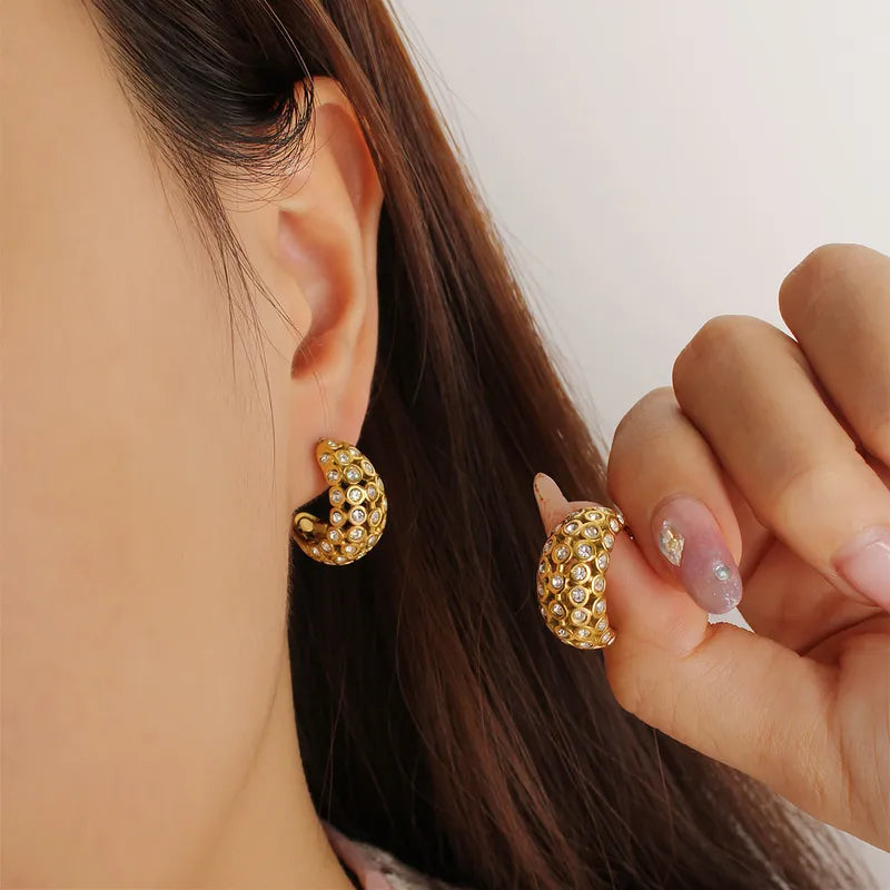 1 Pair IG Style Exaggerated Japanese Style C Shape Inlay 304 Stainless Steel 316 Stainless Steel Rhinestones 18K Gold Plated Earrings