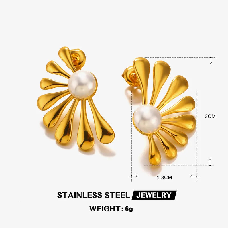 1 Pair IG Style Flower Asymmetrical Inlay 304 Stainless Steel Artificial Pearls 18K Gold Plated Ear Studs