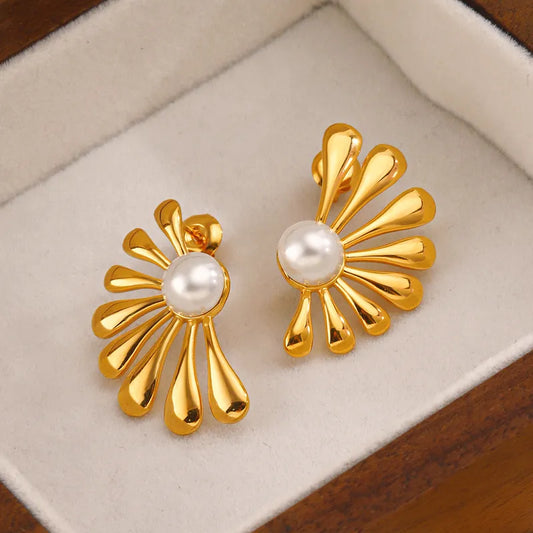 1 Pair IG Style Flower Asymmetrical Inlay 304 Stainless Steel Artificial Pearls 18K Gold Plated Ear Studs