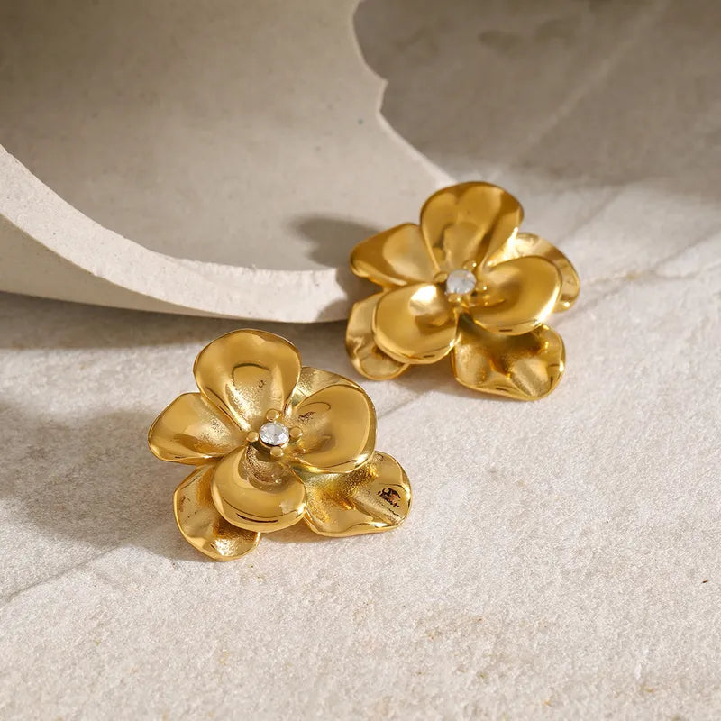 1 Pair IG Style Flower Plating 316 Stainless Steel 18K Gold Plated Ear Studs