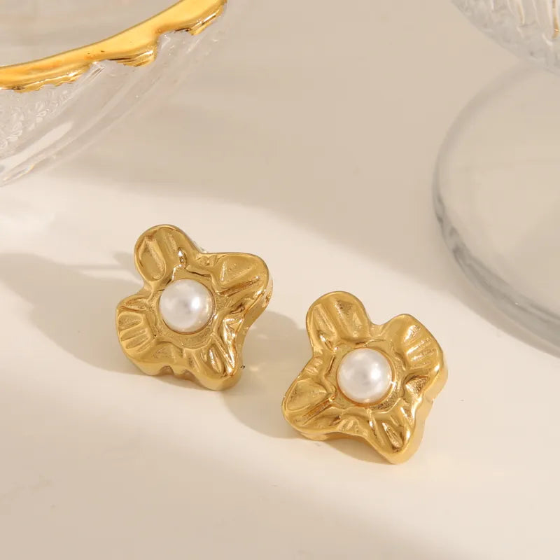 1 Pair IG Style French Style Commute C Shape Solid Color Flower 304 Stainless Steel Artificial Pearls 18K Gold Plated Ear Studs