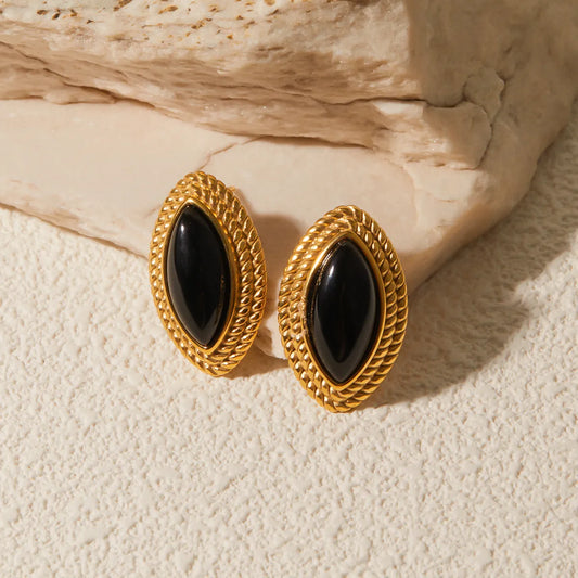 1 Pair IG Style Geometric Oval Horse Eye Shape Inlay 304 Stainless Steel Agate 18K Gold Plated Ear Studs