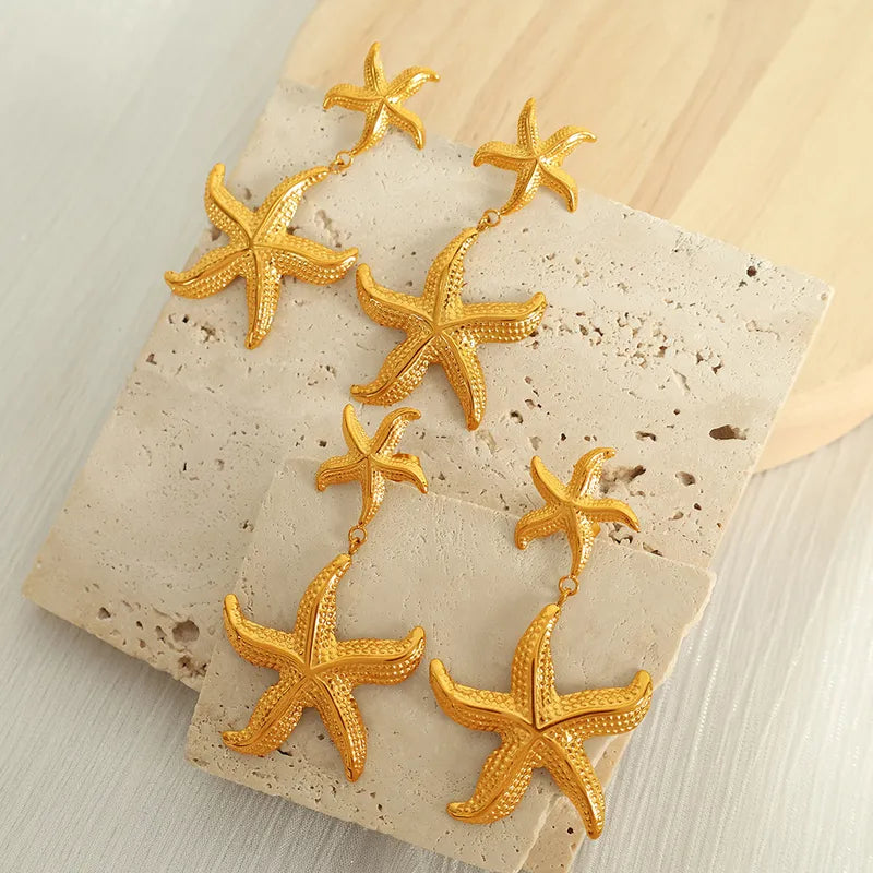 1 Pair IG Style Hawaiian Marine Style Starfish Polishing Plating 304 Stainless Steel 18K Gold Plated Drop Earrings