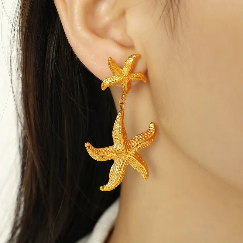 1 Pair IG Style Hawaiian Marine Style Starfish Polishing Plating 304 Stainless Steel 18K Gold Plated Drop Earrings