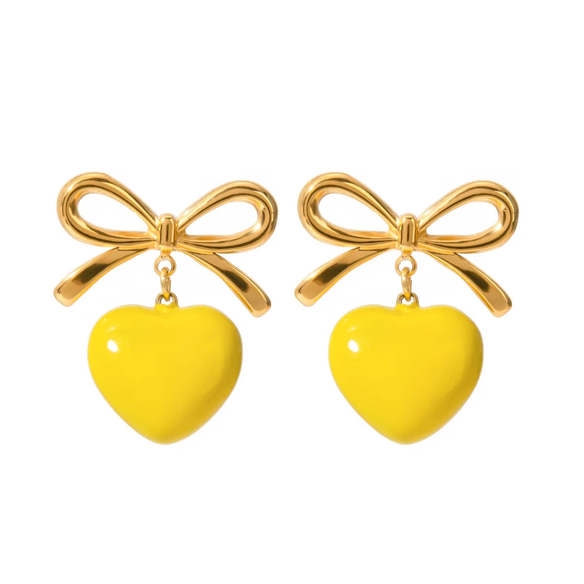 1 Pair IG Style Heart Shape Bow Knot Enamel 304 Stainless Steel 18K Gold Plated Drop Earrings