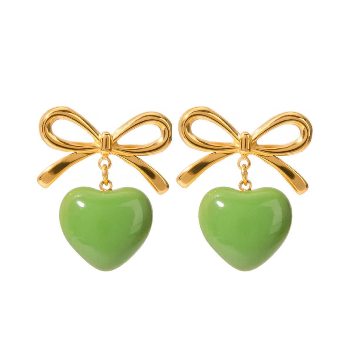 1 Pair IG Style Heart Shape Bow Knot Enamel 304 Stainless Steel 18K Gold Plated Drop Earrings