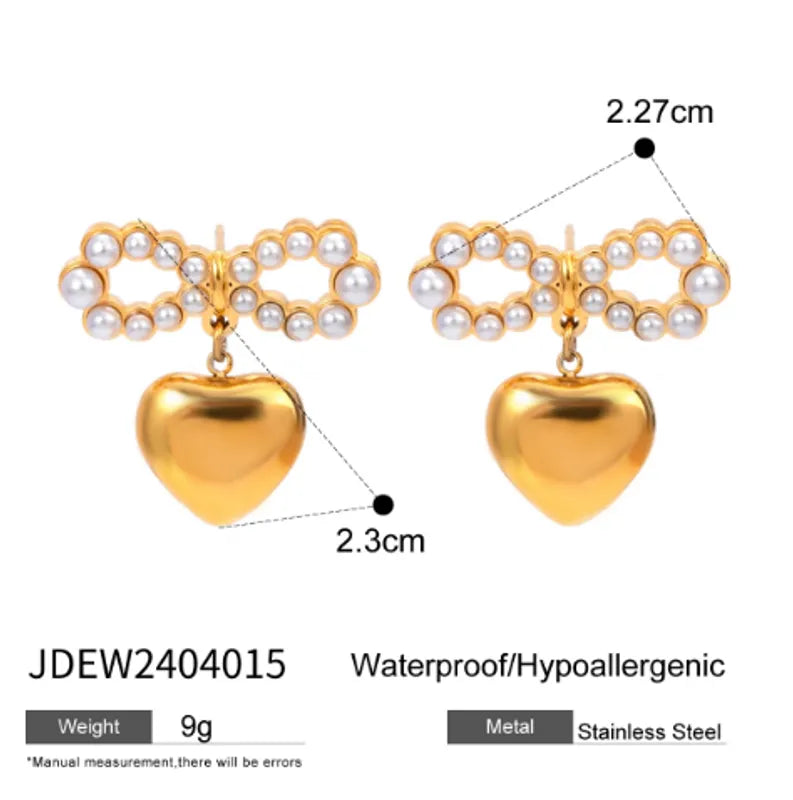 1 Pair IG Style Heart Shape Bow Knot Plating Inlay 304 Stainless Steel Artificial Pearls 18K Gold Plated Drop Earrings